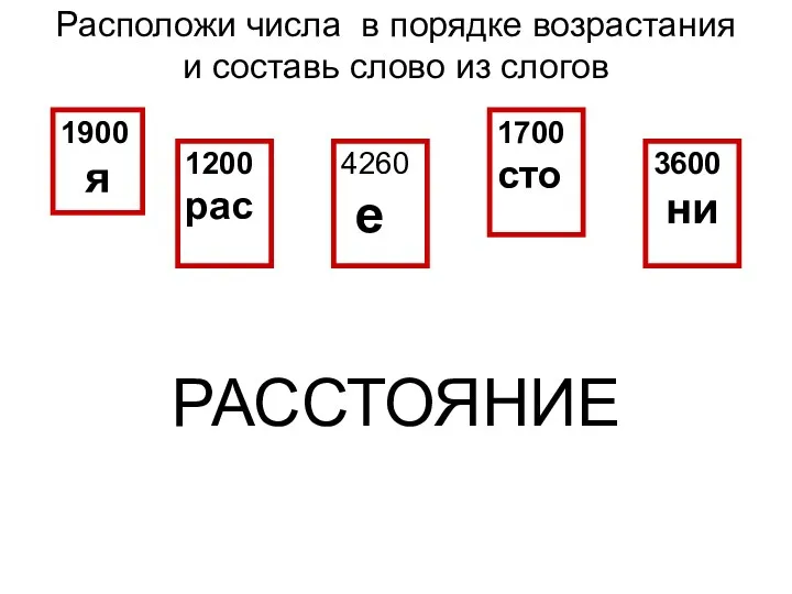 Расположи числа в порядке возрастания и составь слово из слогов РАССТОЯНИЕ 1900 я