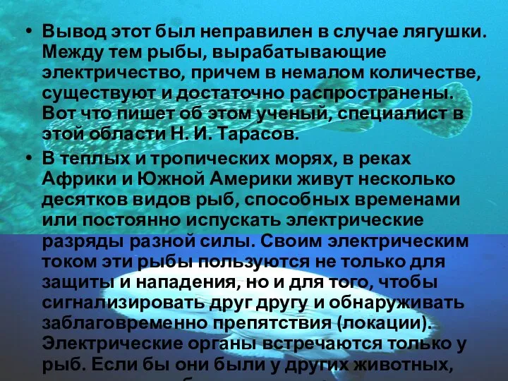 Вывод этот был неправилен в случае лягушки. Между тем рыбы, вырабатывающие электричество, причем