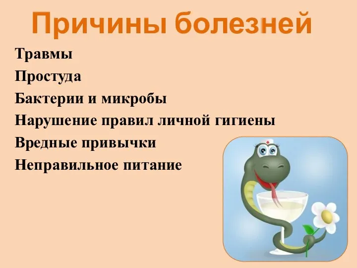 Причины болезней Травмы Простуда Бактерии и микробы Нарушение правил личной гигиены Вредные привычки Неправильное питание