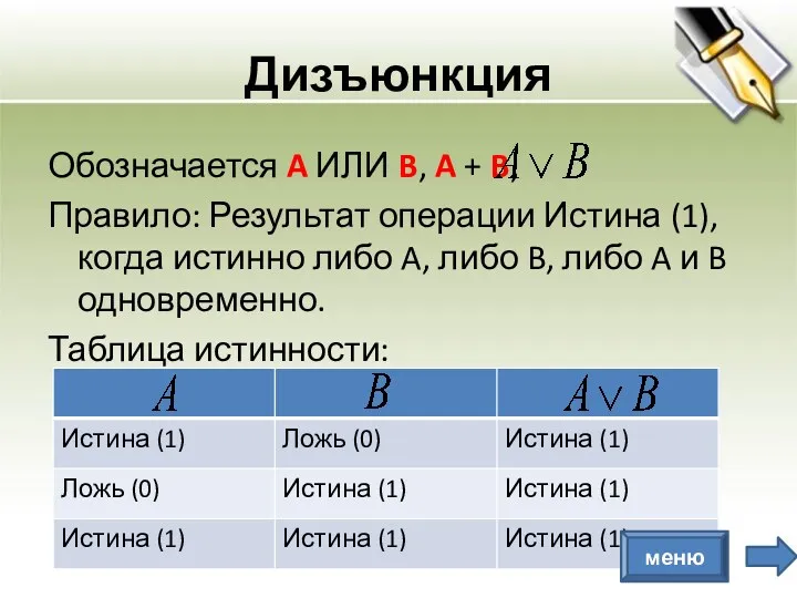 Дизъюнкция Обозначается A ИЛИ B, A + B, Правило: Результат