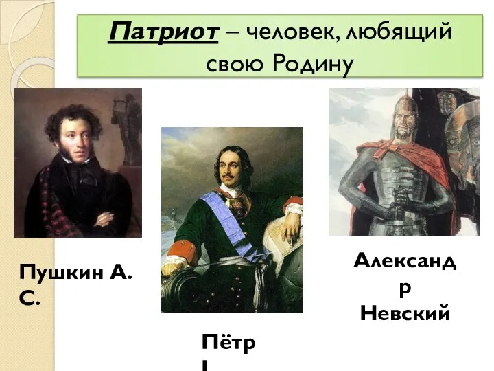 Патриот – человек, любящий свою Родину Пушкин А.С. Пётр I Александр Невский