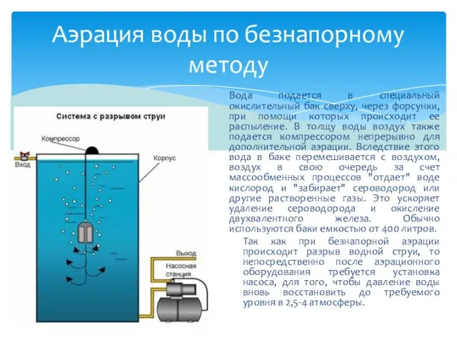 Вода подается в специальный окислительный бак сверху, через форсунки, при