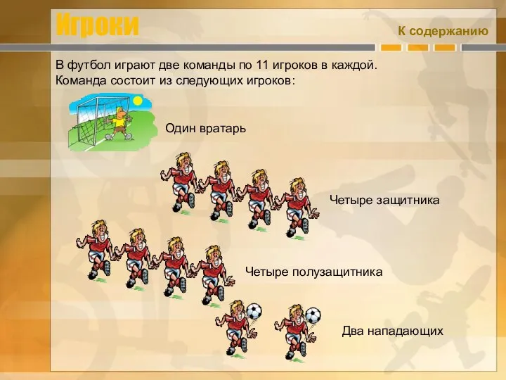 Игроки В футбол играют две команды по 11 игроков в каждой. Команда состоит