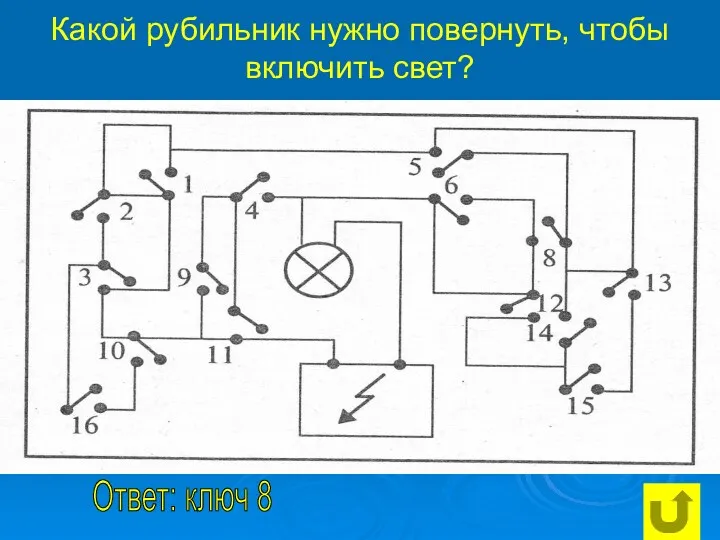 Какой рубильник нужно повернуть, чтобы включить свет? Ответ: ключ 8