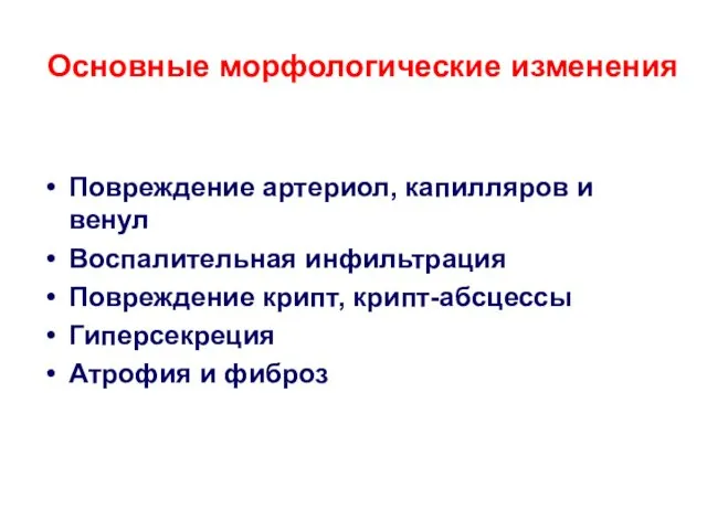 Основные морфологические изменения Повреждение артериол, капилляров и венул Воспалительная инфильтрация