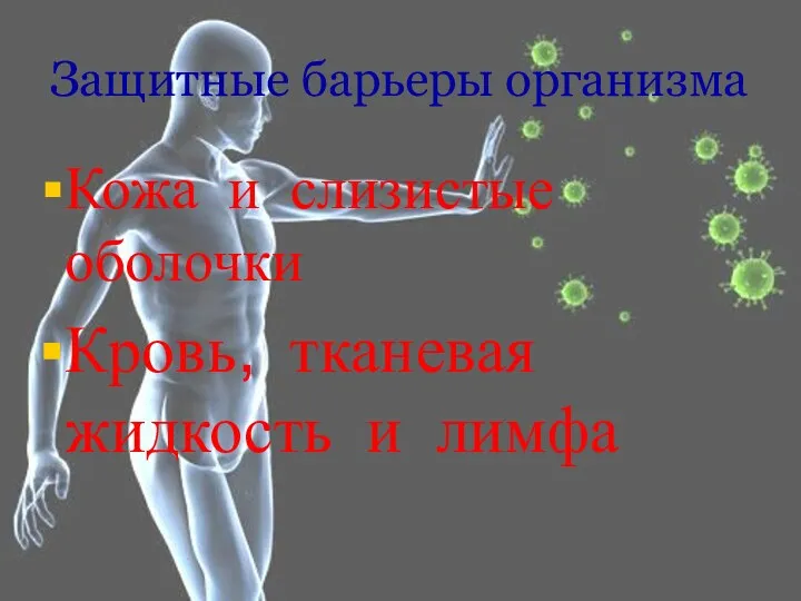 Защитные барьеры организма Кожа и слизистые оболочки Кровь, тканевая жидкость и лимфа