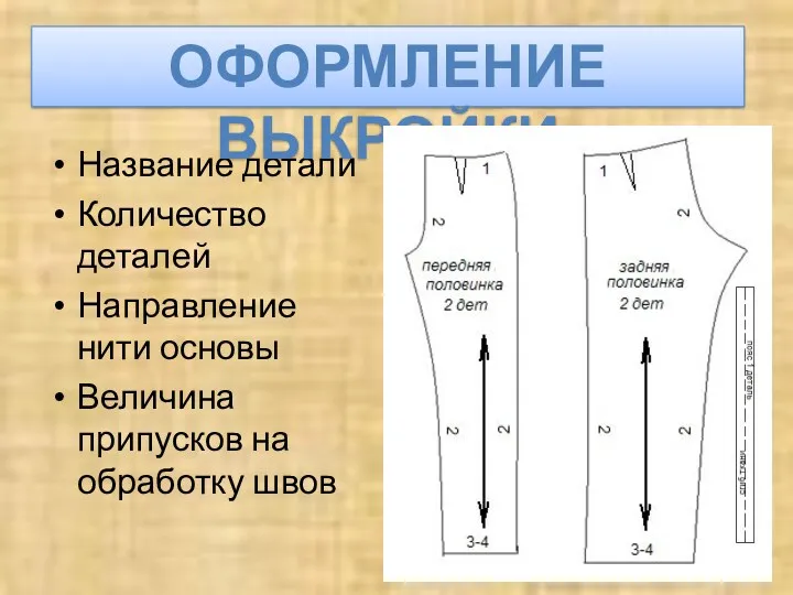 Название детали Количество деталей Направление нити основы Величина припусков на обработку швов ОФОРМЛЕНИЕ ВЫКРОЙКИ