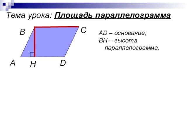 Тема урока: Площадь параллелограмма А В С D Н АD – основание; ВН – высота параллелограмма.