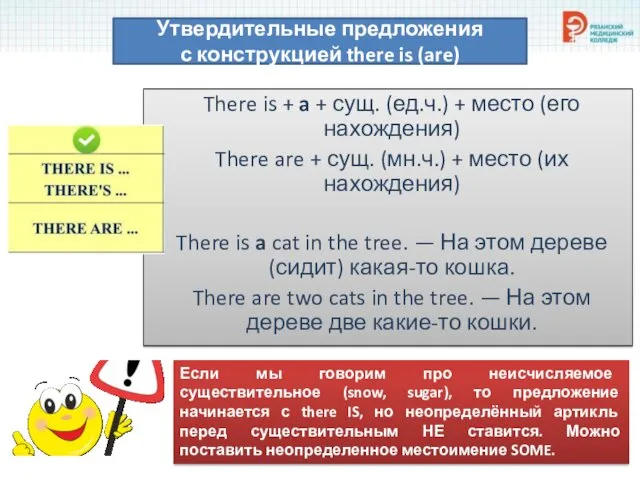 Утвердительные предложения с конструкцией there is (are) There is +