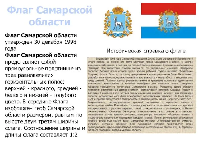 Флаг Самарской области Флаг Самарской области утвержден 30 декабря 1998