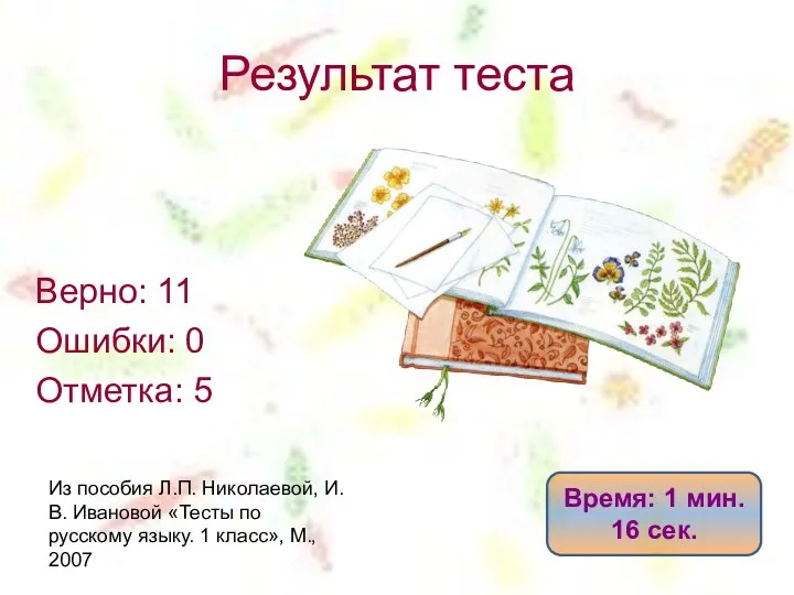 Результат теста Верно: 11 Ошибки: 0 Отметка: 5 Время: 1