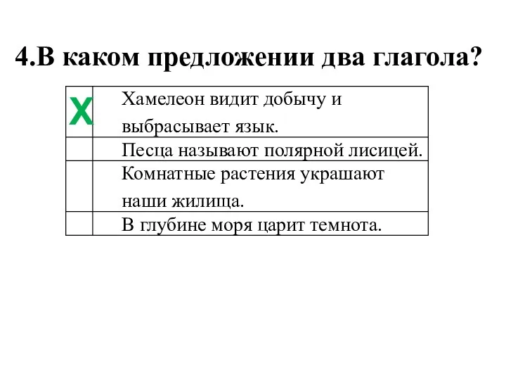 4.В каком предложении два глагола? Х