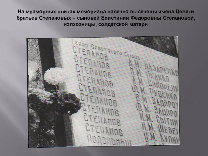 На мраморных плитах мемориала навечно высечены имена Девяти братьев Степановых – сыновей Епистинии