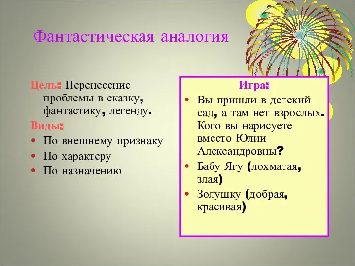 Фантастическая аналогия Цель: Перенесение проблемы в сказку, фантастику, легенду. Виды: