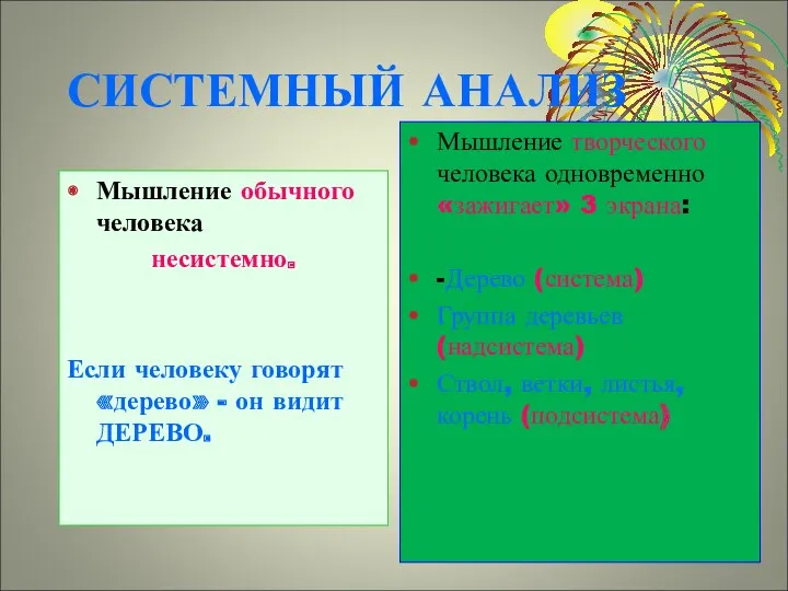 СИСТЕМНЫЙ АНАЛИЗ Мышление обычного человека несистемно. Если человеку говорят «дерево»