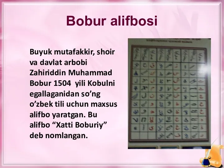 Bobur alifbosi Buyuk mutafakkir, shoir va davlat arbobi Zahiriddin Muhammad Bobur 1504 yili