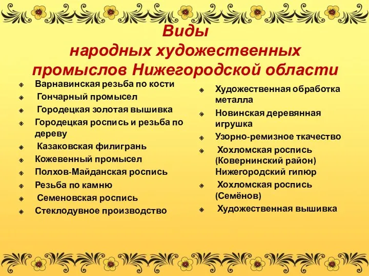 Виды народных художественных промыслов Нижегородской области Варнавинская резьба по кости