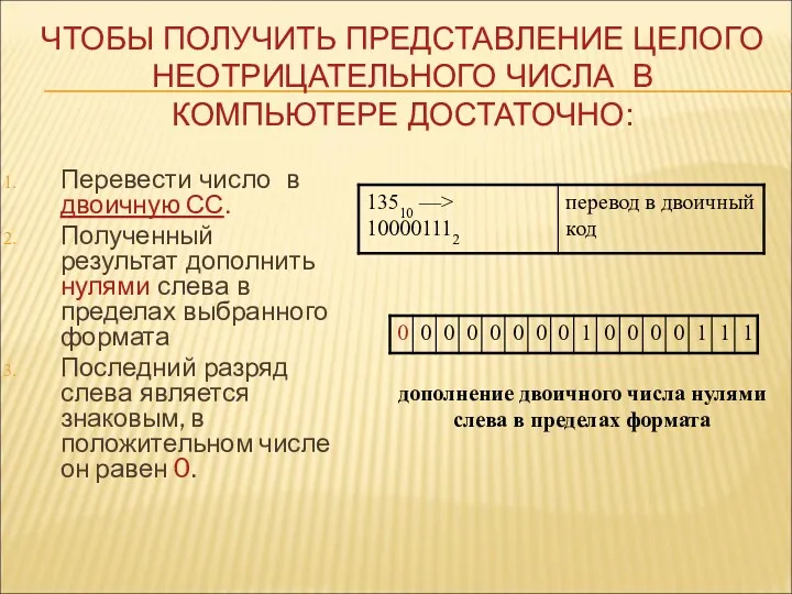 ЧТОБЫ ПОЛУЧИТЬ ПРЕДСТАВЛЕНИЕ ЦЕЛОГО НЕОТРИЦАТЕЛЬНОГО ЧИСЛА В КОМПЬЮТЕРЕ ДОСТАТОЧНО: Перевести