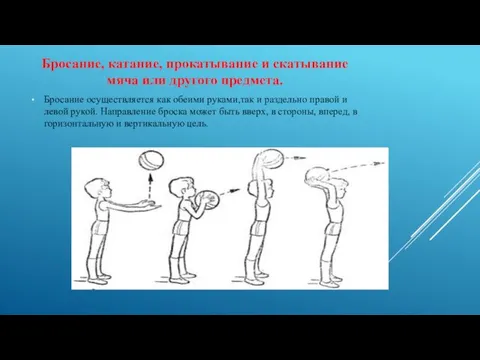 Бросание, катание, прокатывание и скатывание мяча или другого предмета. Бросание осуществляется как обеими