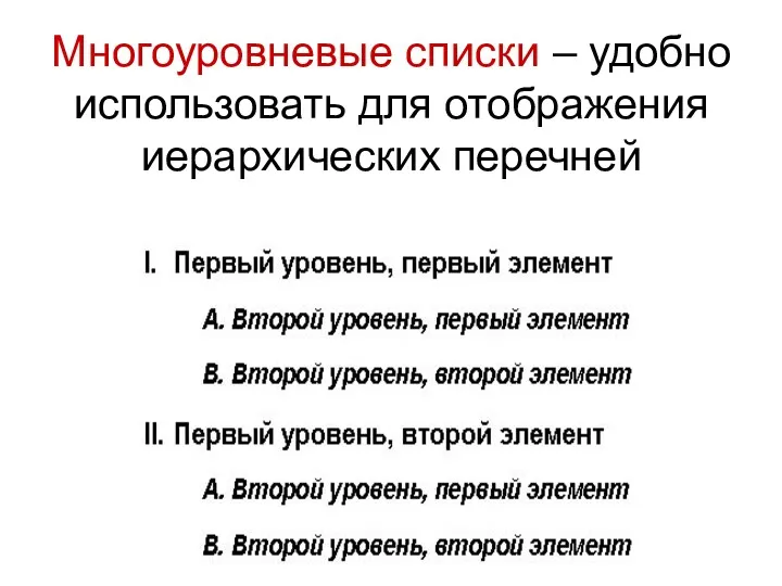 Многоуровневые списки – удобно использовать для отображения иерархических перечней