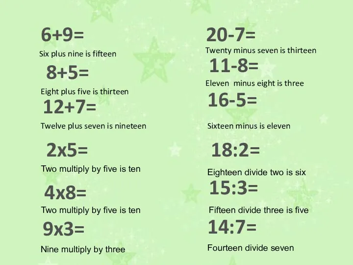 2x5= 4x8= 9x3= 18:2= 15:3= 14:7= 6+9= 8+5= 11-8= 16-5=