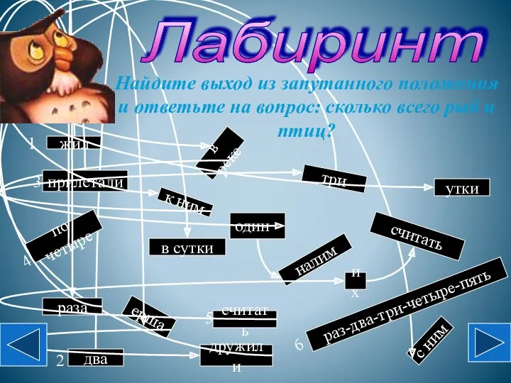 Лабиринт Найдите выход из запутанного положения и ответьте на вопрос: сколько всего рыб и птиц?