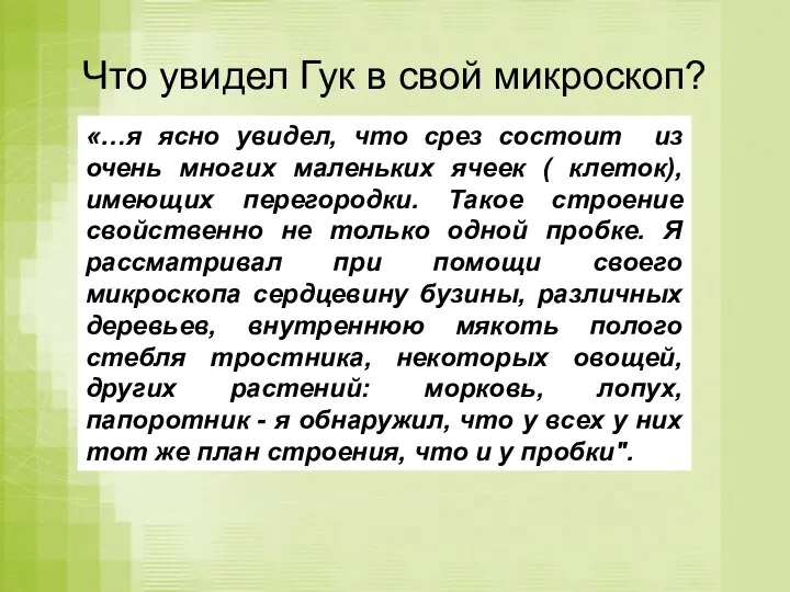 Что увидел Гук в свой микроскоп? «…я ясно увидел, что