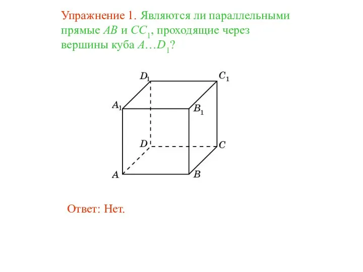 Ответ: Нет. Упражнение 1. Являются ли параллельными прямые AB и CC1, проходящие через вершины куба A…D1?