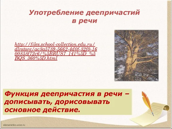 Употребление деепричастий в речи http://files.school-collection.edu.ru/dlrstore/ac8a5789-5662-4d0f-82f0-1600858f72c6/%5BRUS7_141%5D_%5BQS_360%5D.html Прочитайте отрывок из сказки-были М.М.Пришвина.
