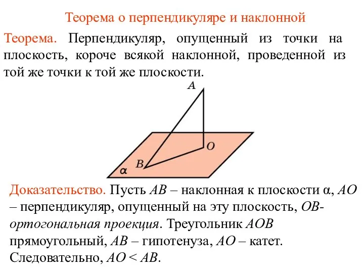 Теорема о перпендикуляре и наклонной Теорема. Перпендикуляр, опущенный из точки на плоскость, короче