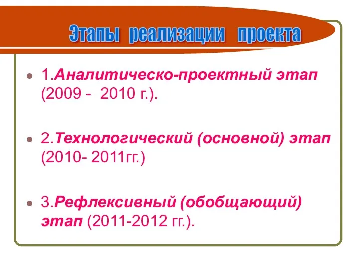 1.Аналитическо-проектный этап (2009 - 2010 г.). 2.Технологический (основной) этап (2010-