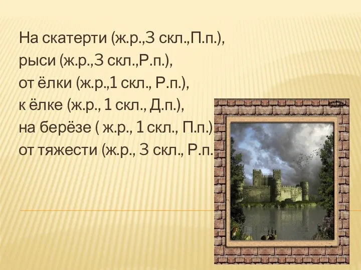 На скатерти (ж.р.,3 скл.,П.п.), рыси (ж.р.,3 скл.,Р.п.), от ёлки (ж.р.,1