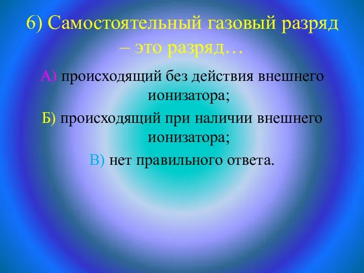 6) Самостоятельный газовый разряд – это разряд… А) происходящий без