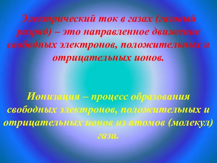 Электрический ток в газах (газовый разряд) – это направленное движение