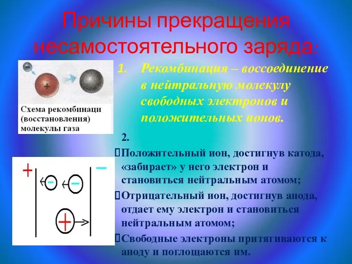 Причины прекращения несамостоятельного заряда: 2. Положительный ион, достигнув катода, «забирает»