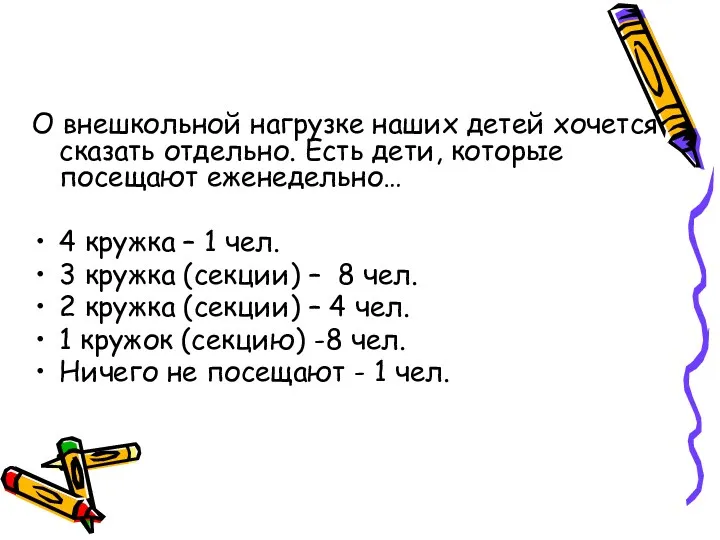 О внешкольной нагрузке наших детей хочется сказать отдельно. Есть дети,