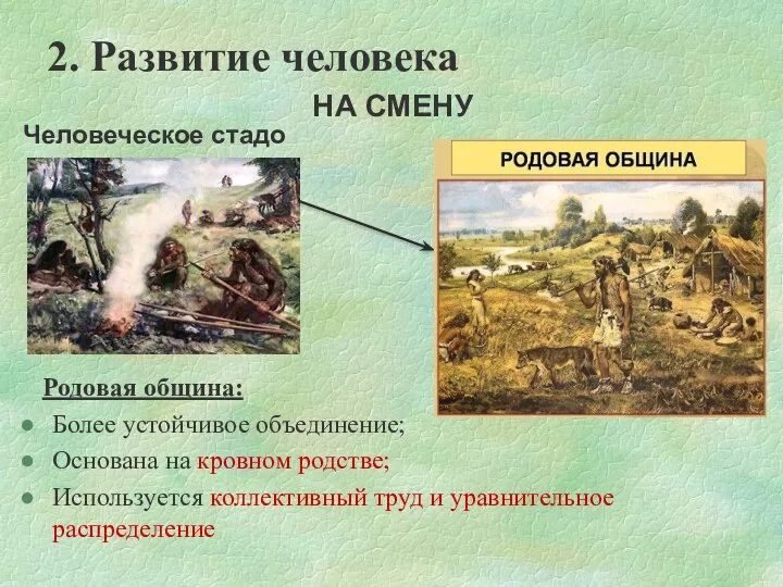 2. Развитие человека Родовая община: Более устойчивое объединение; Основана на