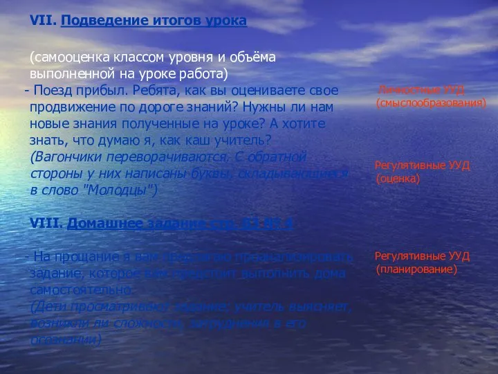 VII. Подведение итогов урока Личностные УУД (смыслообразования) Регулятивные УУД (оценка)