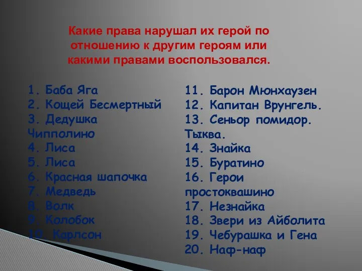 1. Баба Яга 2. Кощей Бесмертный 3. Дедушка Чипполино 4.