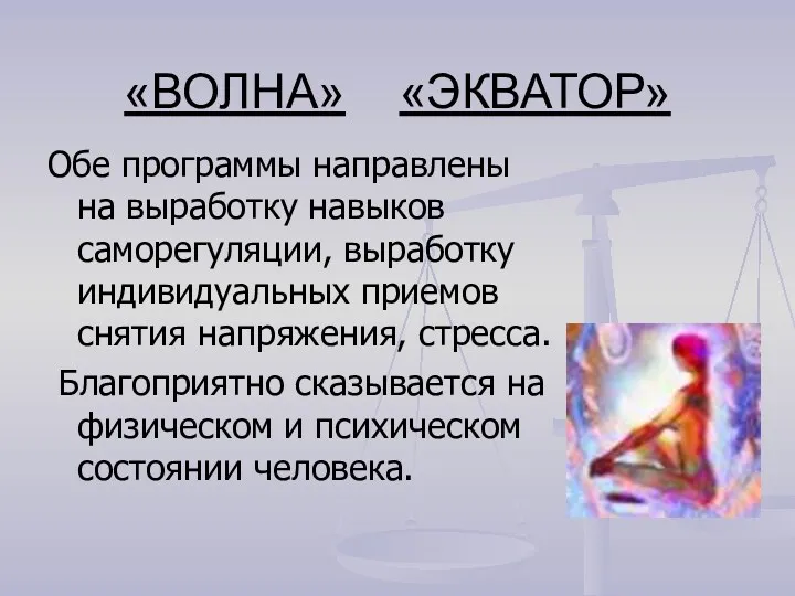 «ВОЛНА» «ЭКВАТОР» Обе программы направлены на выработку навыков саморегуляции, выработку