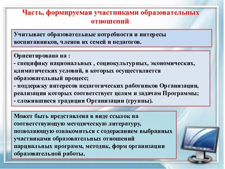 Часть, формируемая участниками образовательных отношений: Учитывает образовательные потребности и интересы