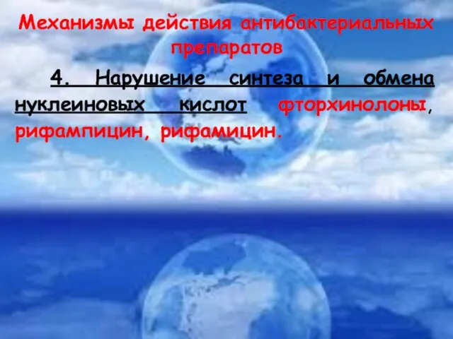 Механизмы действия антибактериальных препаратов 4. Нарушение синтеза и обмена нуклеиновых кислот фторхинолоны, рифампицин, рифамицин.