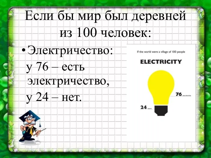 Если бы мир был деревней из 100 человек: Электричество: у 76 – есть