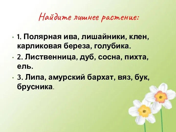 Найдите лишнее растение: 1. Полярная ива, лишайники, клен, карликовая береза,