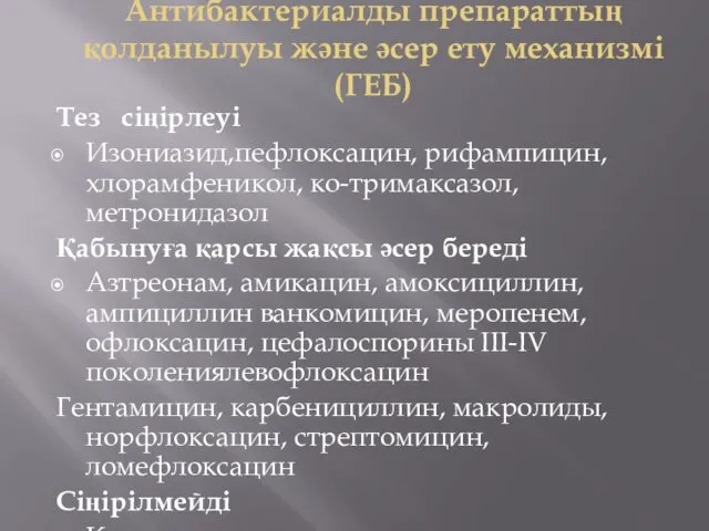 Антибактериалды препараттың қолданылуы және әсер ету механизмі (ГЕБ) Тез сіңірлеуі