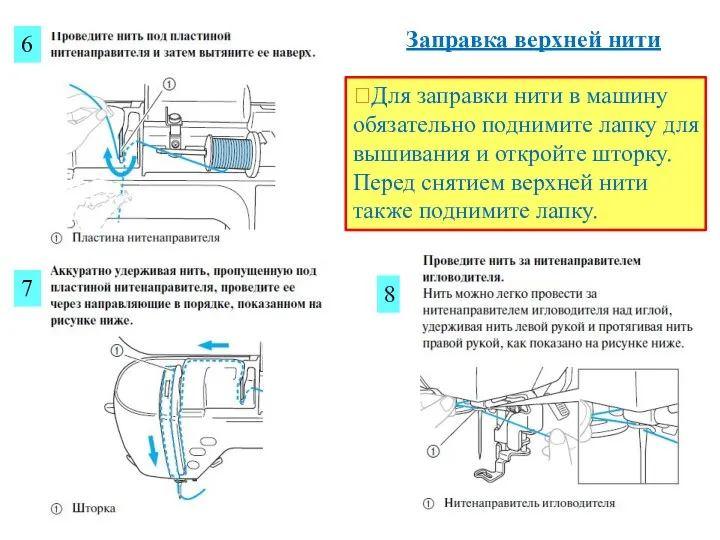 Заправка верхней нити 6 7 8 Для заправки нити в