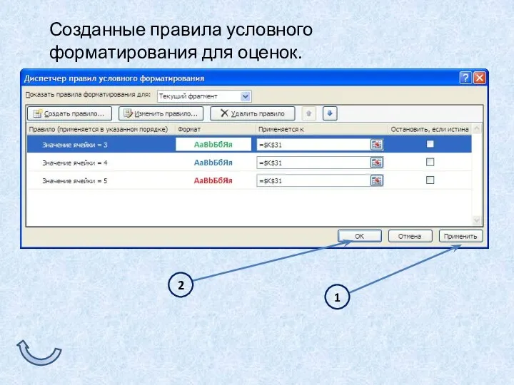 1 2 Созданные правила условного форматирования для оценок.