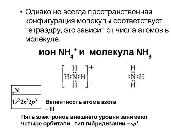 Однако не всегда пространственная конфигурация молекулы соответствует тетраэдру, это зависит