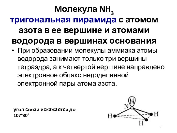 Mолекула NH3 тригональная пирамида с атомом азота в ее вершине