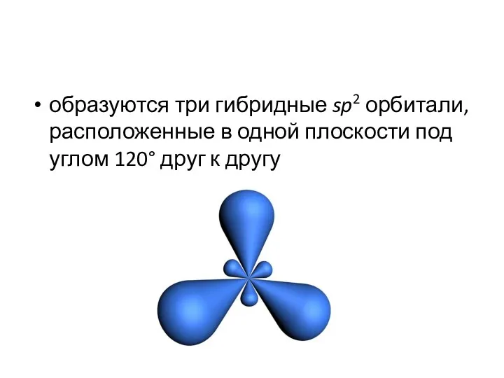 образуются три гибридные sp2 орбитали, расположенные в одной плоскости под углом 120° друг к другу